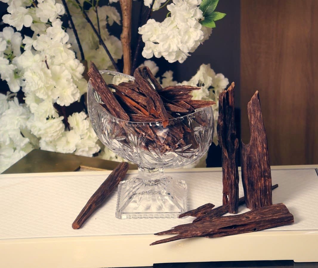 Bois d'oud dans une coupe en cristal, boutique Soltan Al Oud